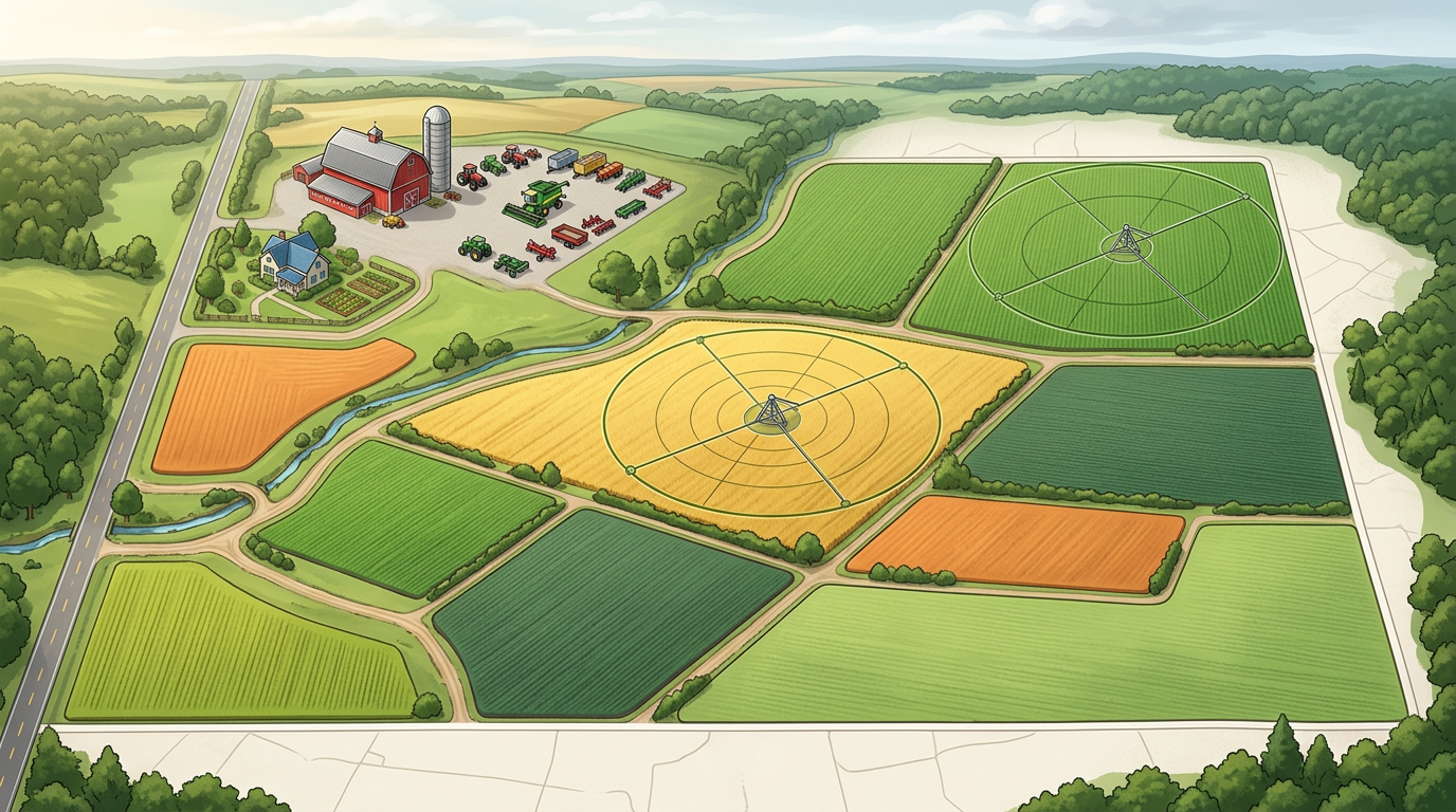 A farm map with multiple field polygons color-coded by crop, irrigation pivot circles drawn in, and a labeled barn and equipment yard