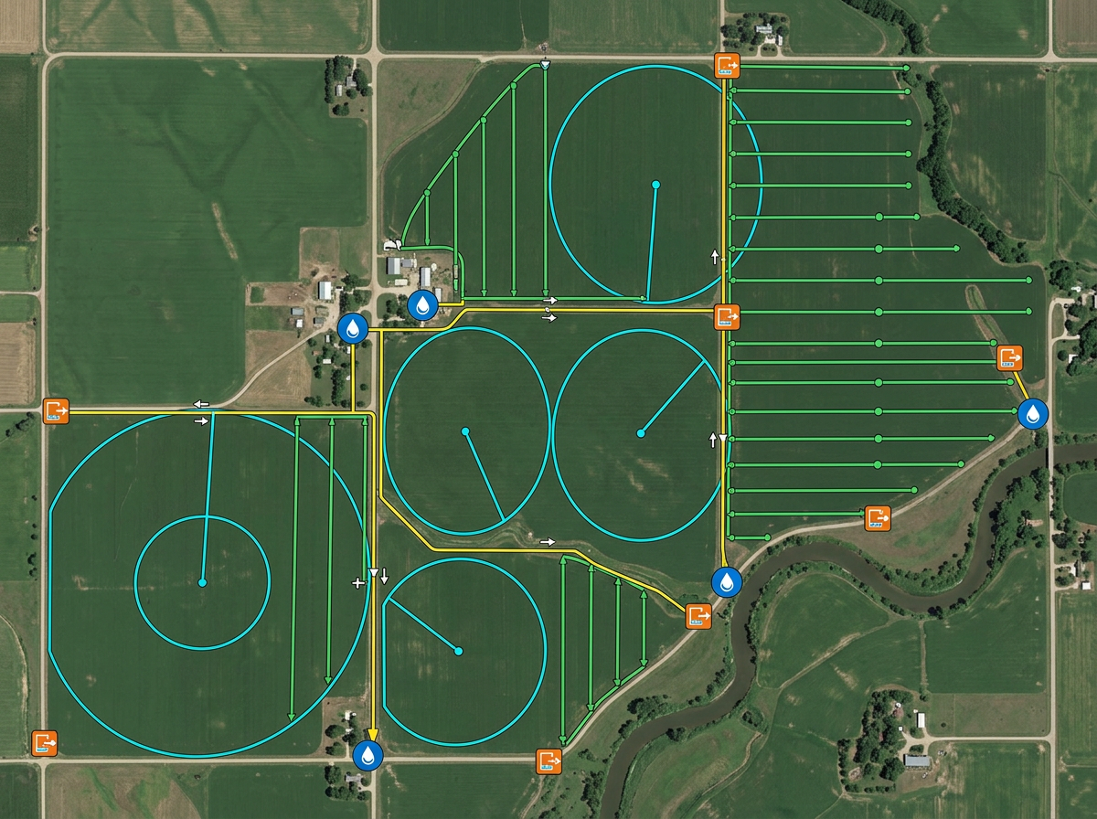 An irrigation plan map with pivot circles, lateral runs, water sources, and drainage outlets marked