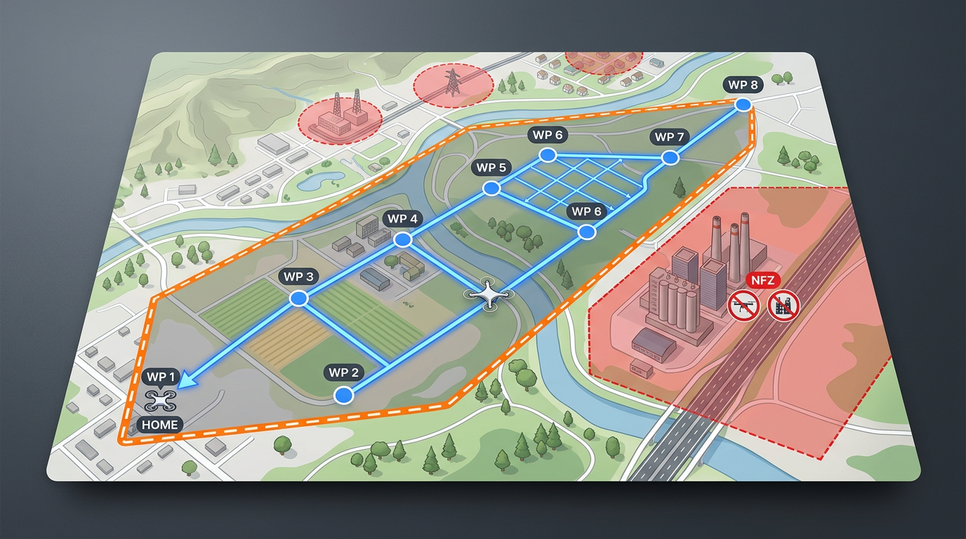 A drone mission map with a flight area outlined as a polygon, waypoint markers connected by a flight path, and pre-marked no-fly zones
