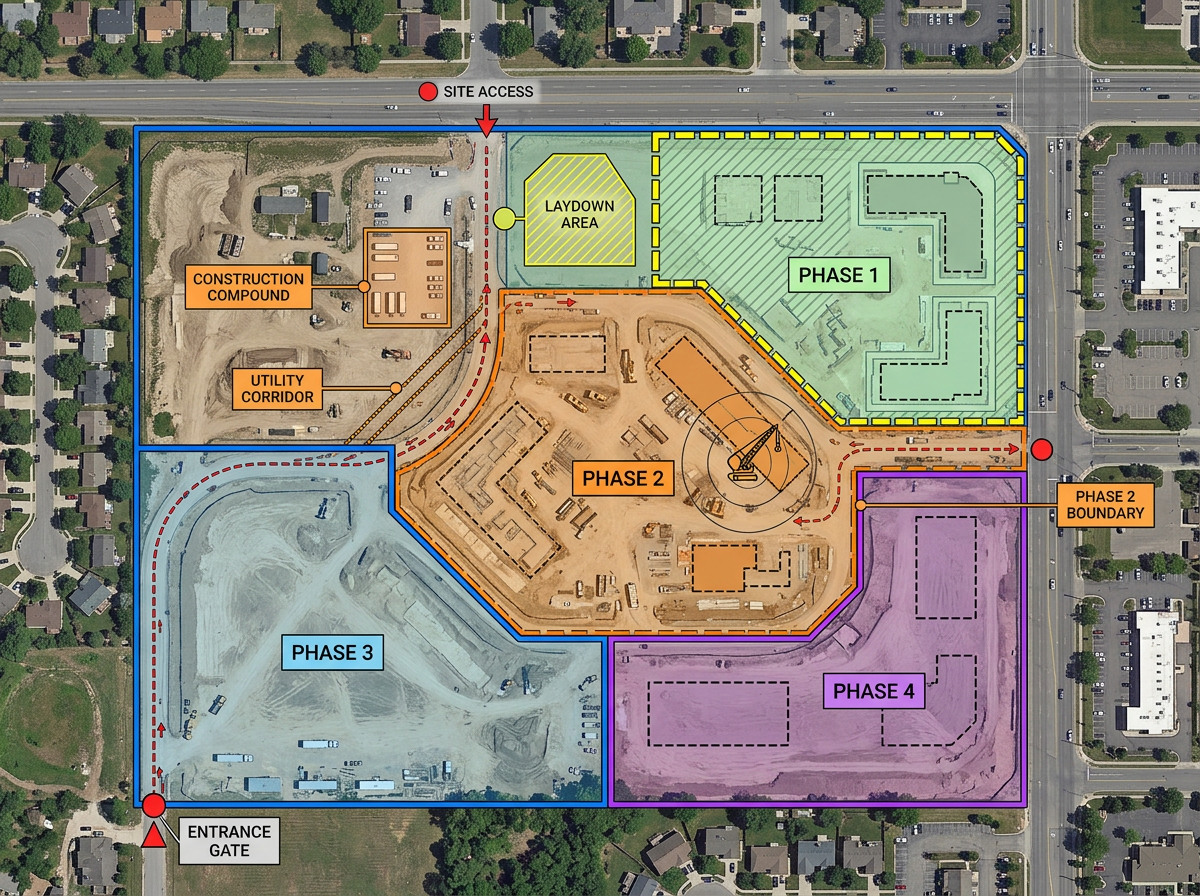 A satellite map of a construction parcel with a proposed phasing plan drawn over the top