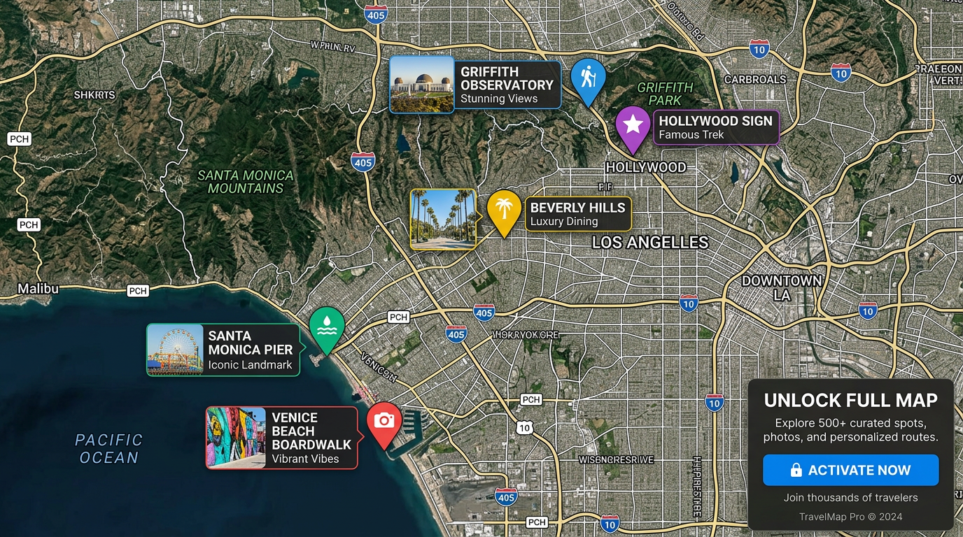 A travel map with custom pins, color-coded spots and photos. A panel asks the viewer to unlock the full map.