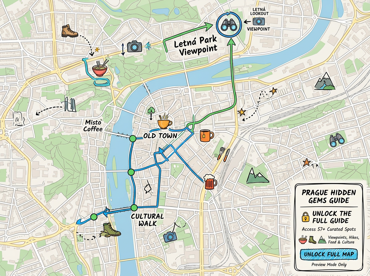 A travel creator's city map with custom food, hike and viewpoint icons and a paywall preview