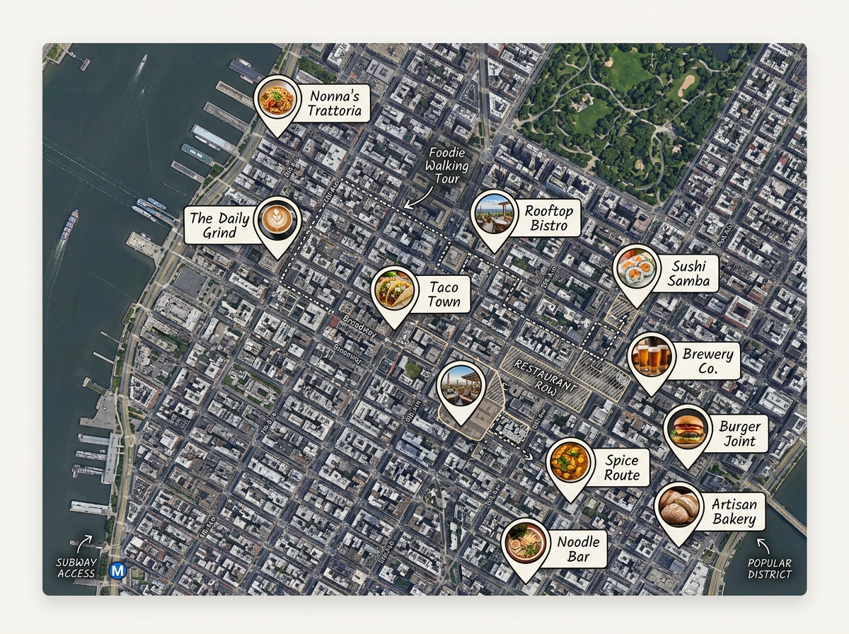 A blog post with an embedded interactive map showing restaurant pins and photos