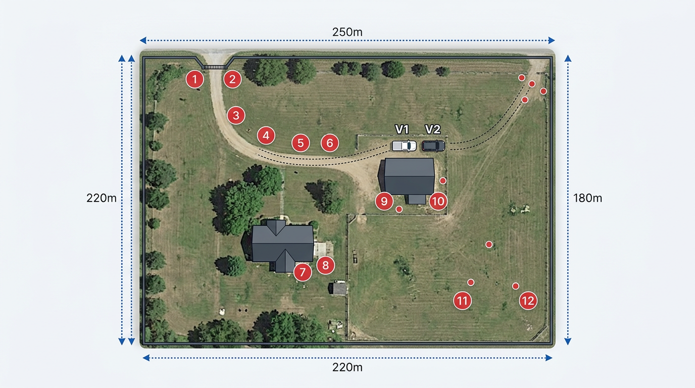 A satellite map of a fenced property with a scene diagram drawn on top, showing numbered evidence markers, vehicle positions and a measured perimeter