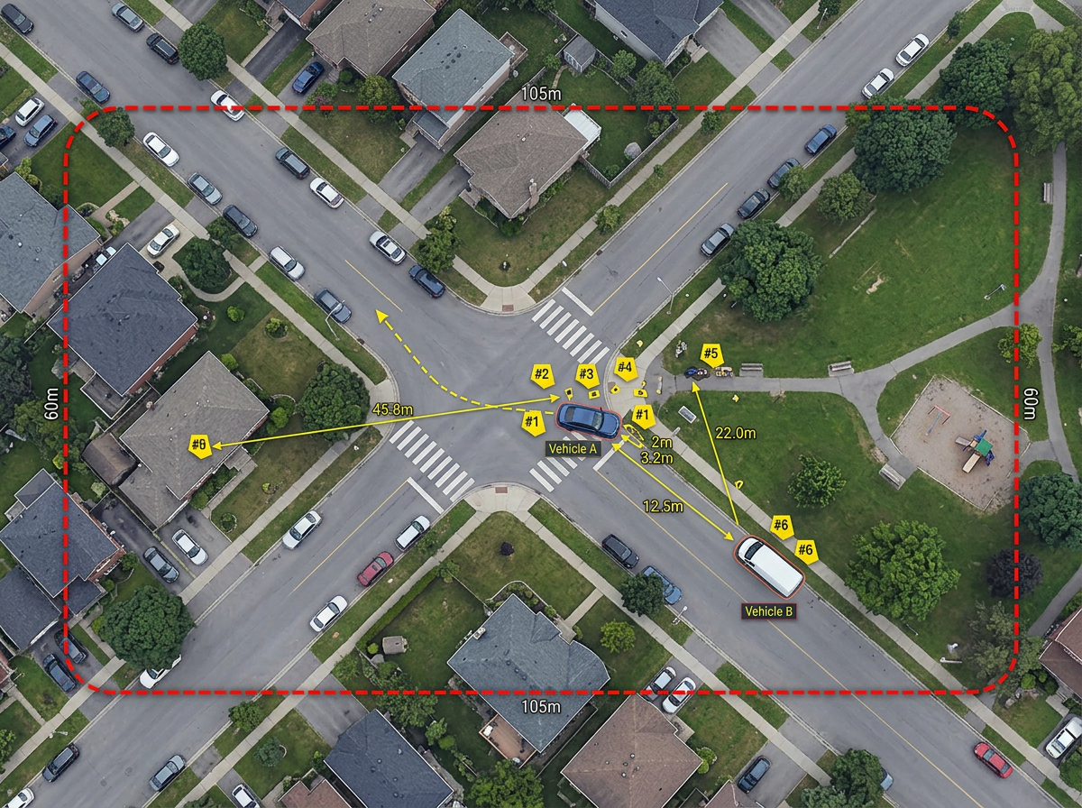 A satellite view of a crime scene with numbered evidence markers, vehicle positions, a measured perimeter and distance lines between key items