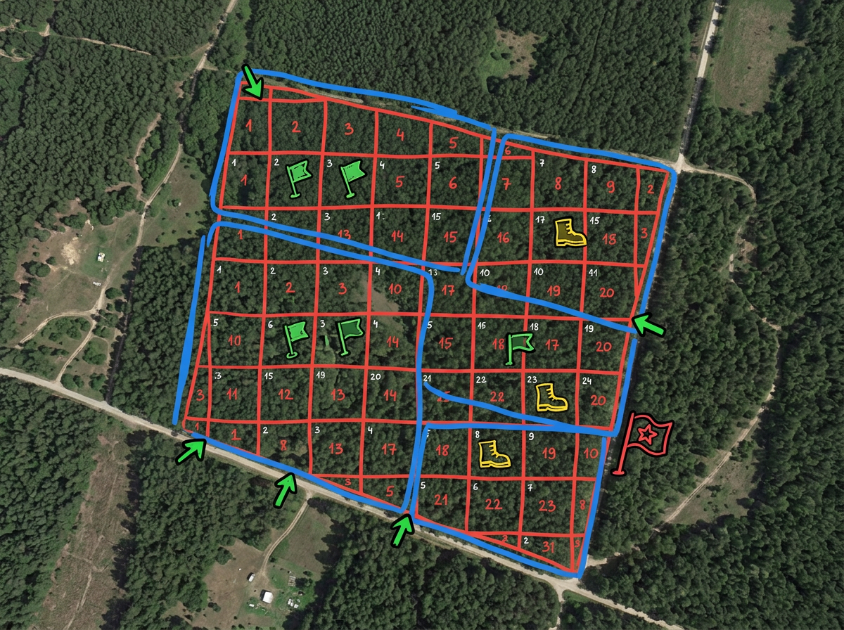 A wooded area divided into numbered grid search sectors with assigned teams, entry points and a command post marker on a satellite basemap