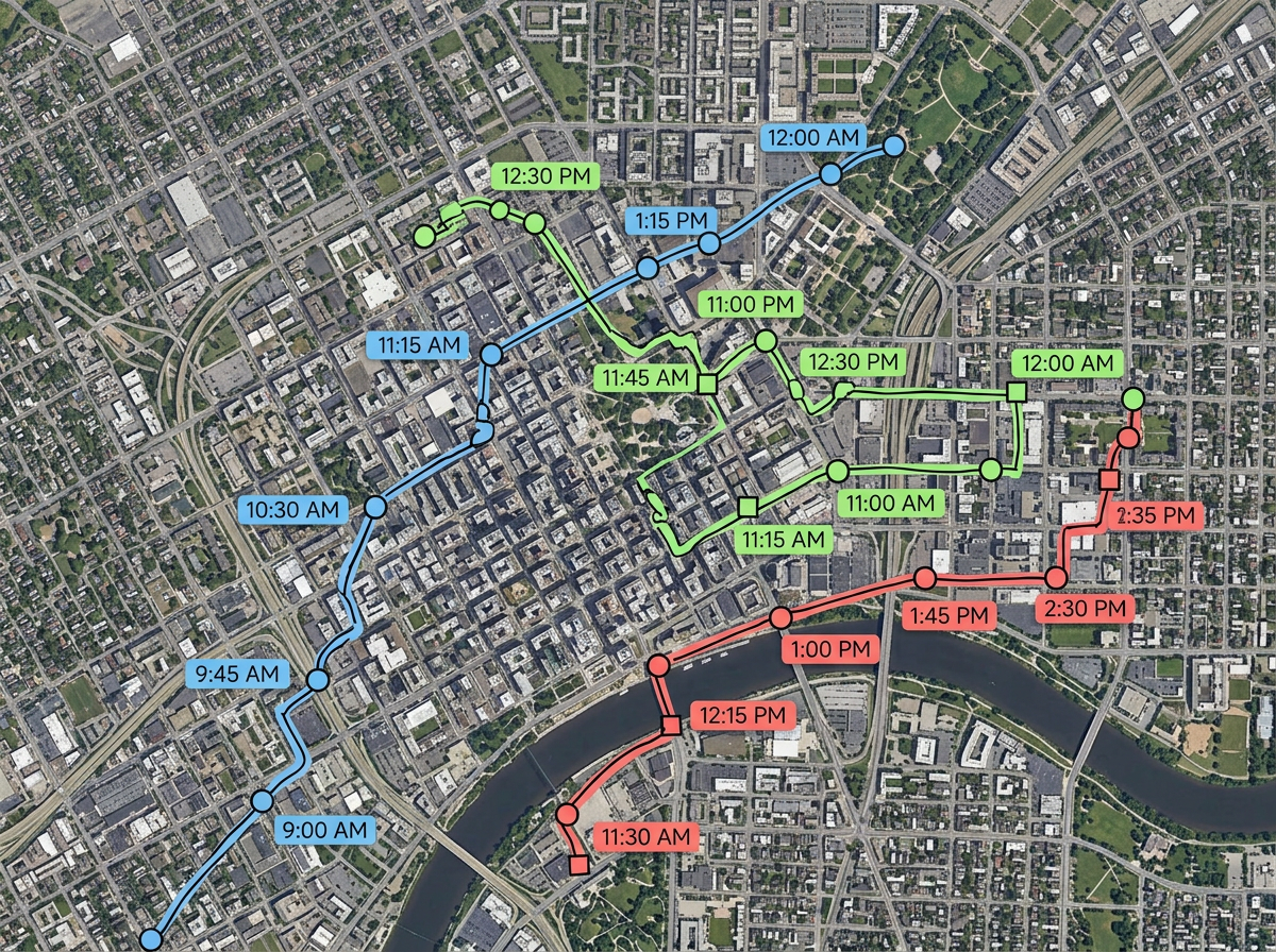 A city map with color-coded movement traces for multiple people, time-stamped waypoints and connected route lines between several locations