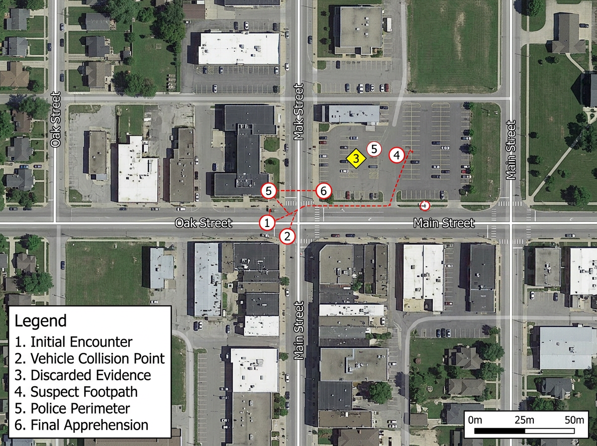A simple court-ready exhibit map with a numbered legend, a measured scale bar and labeled evidence locations on a clean basemap