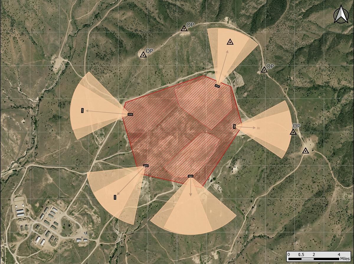 A training range map with surface danger zone fans, impact areas, and observation post markers overlaid on terrain