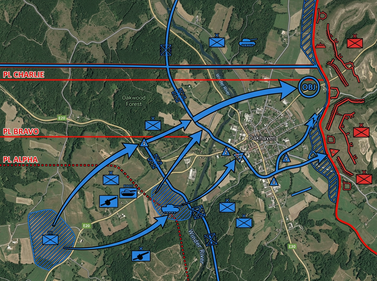 A maneuver exercise overlay map with phase lines, axis of advance arrows, and unit boundary symbols