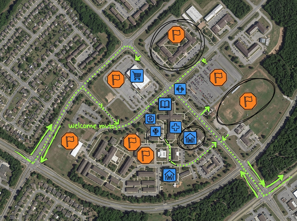 A base community map with rallying points, on-base resources, and welcome routes for arriving families