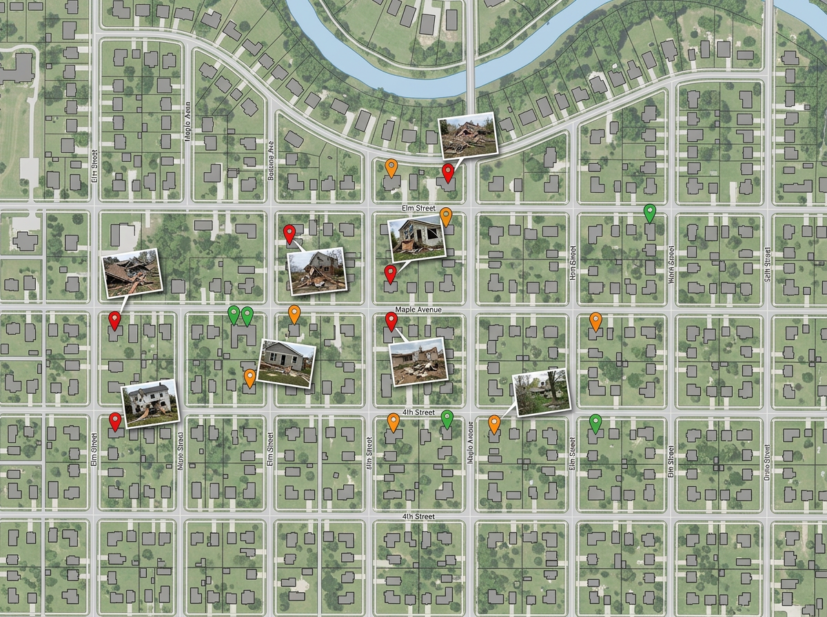 A neighborhood map with color-coded damage assessment markers and pinned photos at each affected property