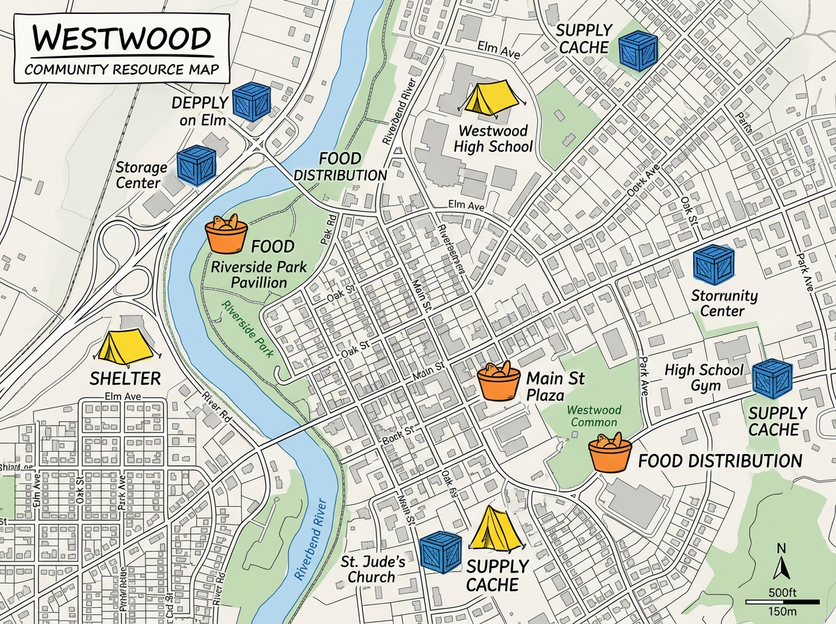 A community map with shelter, food distribution, and supply cache icons clearly labeled across a region
