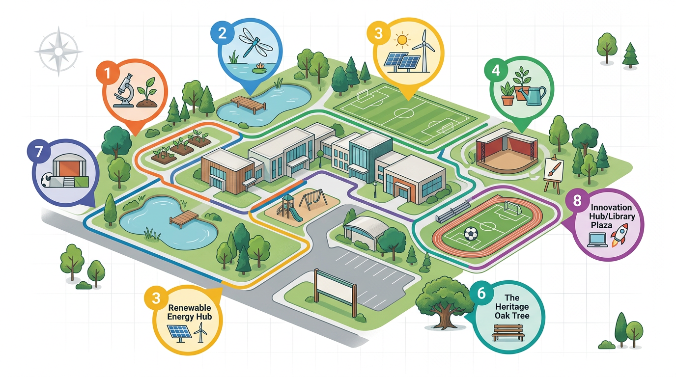 A classroom-style map with numbered student observation points around a school campus, color-coded field trip route, and callout labels describing each stop