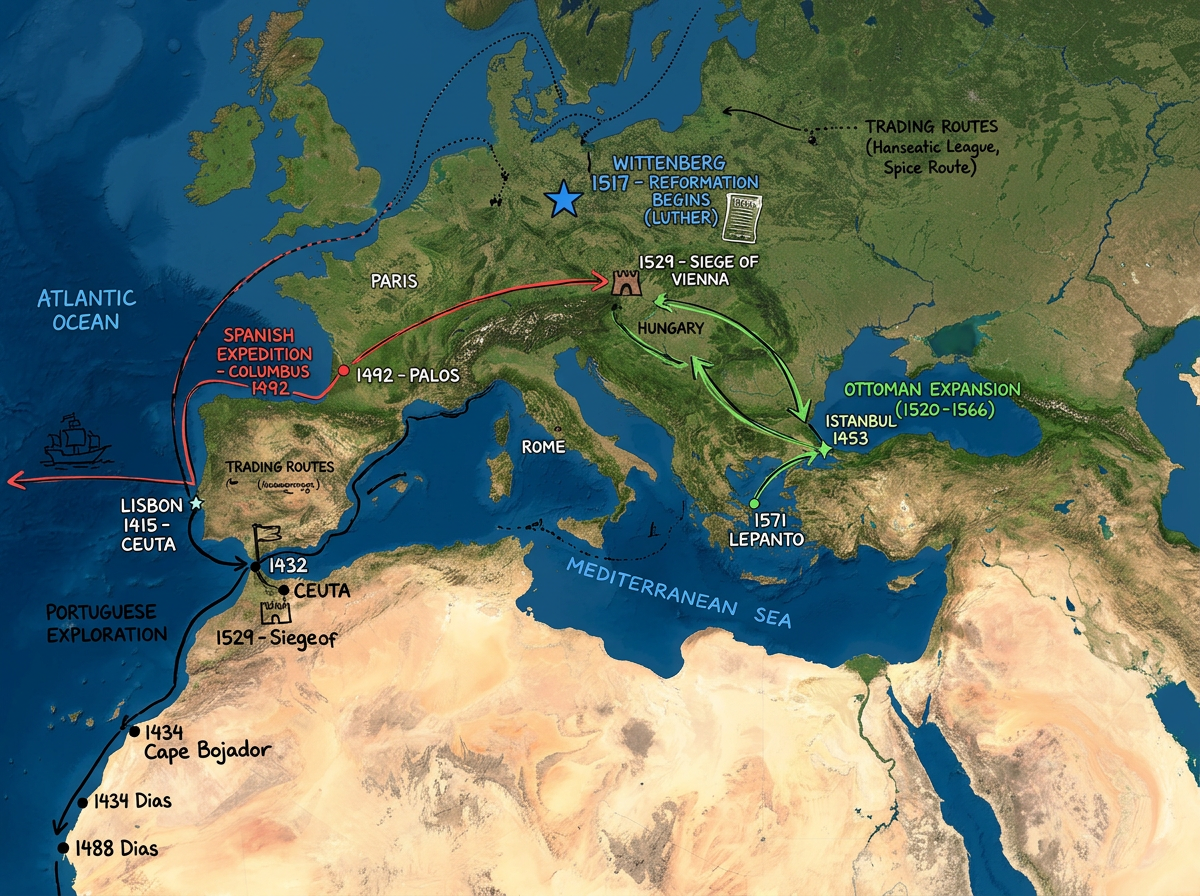 A classroom lesson map with historical events plotted as markers across a continent with labels and route lines