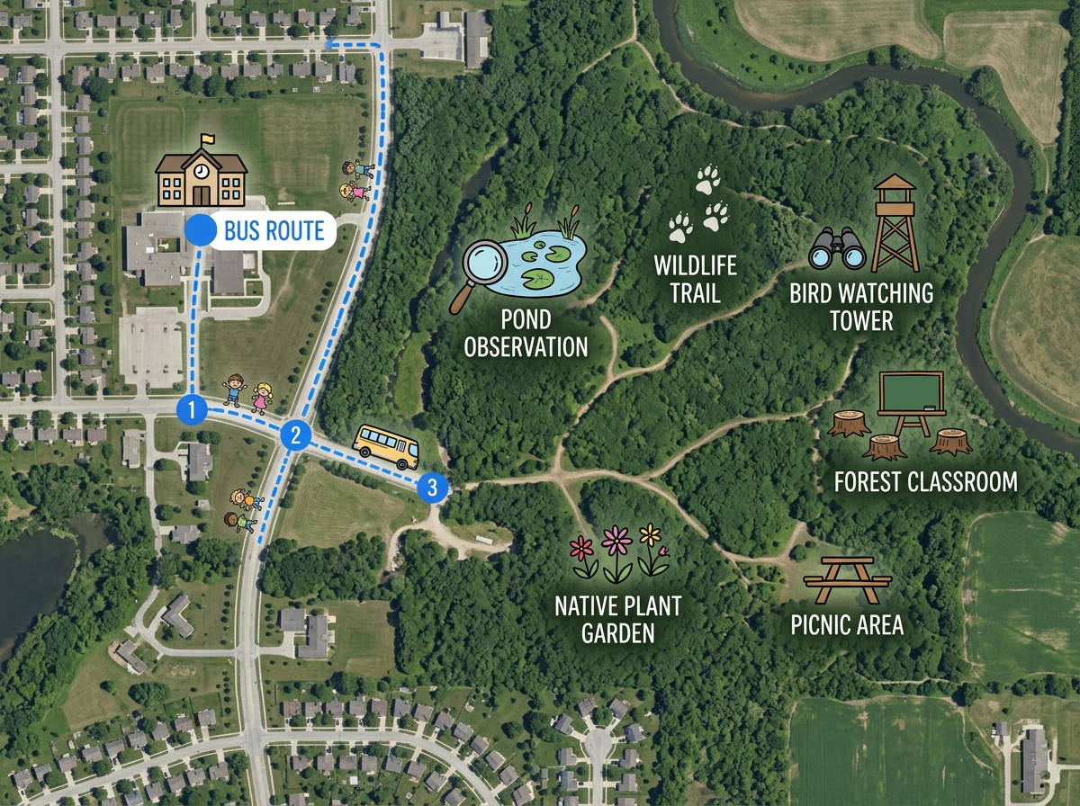 A field trip map showing a school, bus route, numbered stops, and labeled activity points at a nature preserve