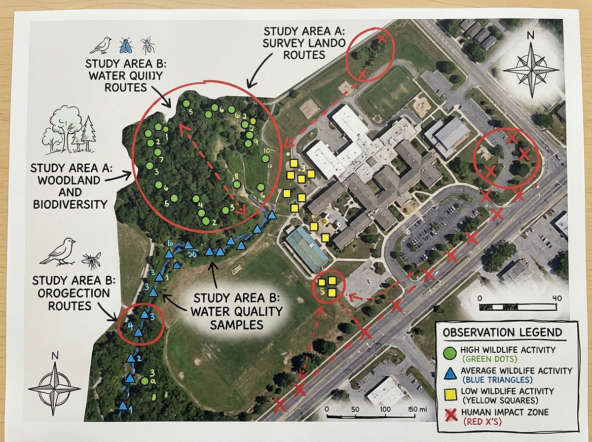 A student science fair project map with survey data points, color-coded observations, and a legend explaining the results