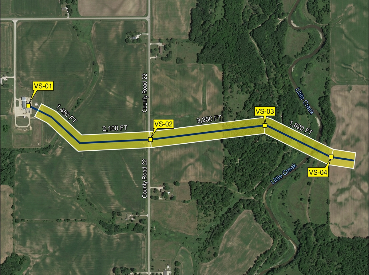 A pipeline ROW diagram with corridor polygon, valve site markers, and labeled distances along each segment