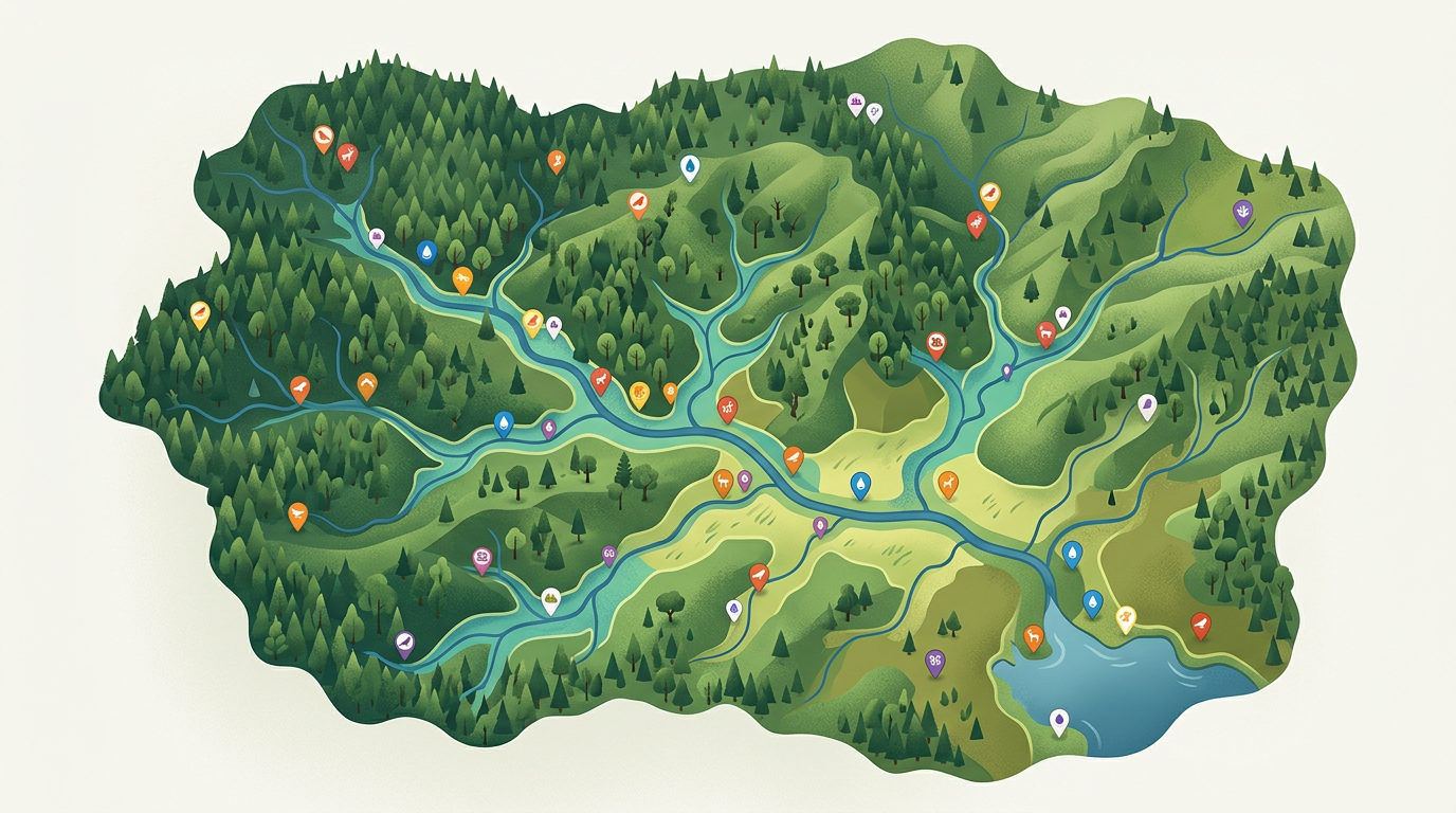 A watershed conservation map with stream lines drawn through a forest, habitat polygons color-coded, and citizen science observation markers across the area