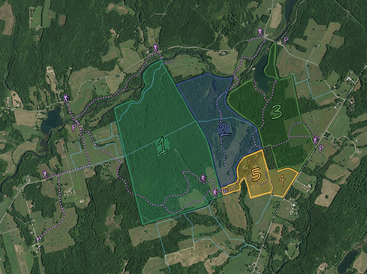 A land trust preserve map with multiple reserve polygons, public access trails, and easement boundaries