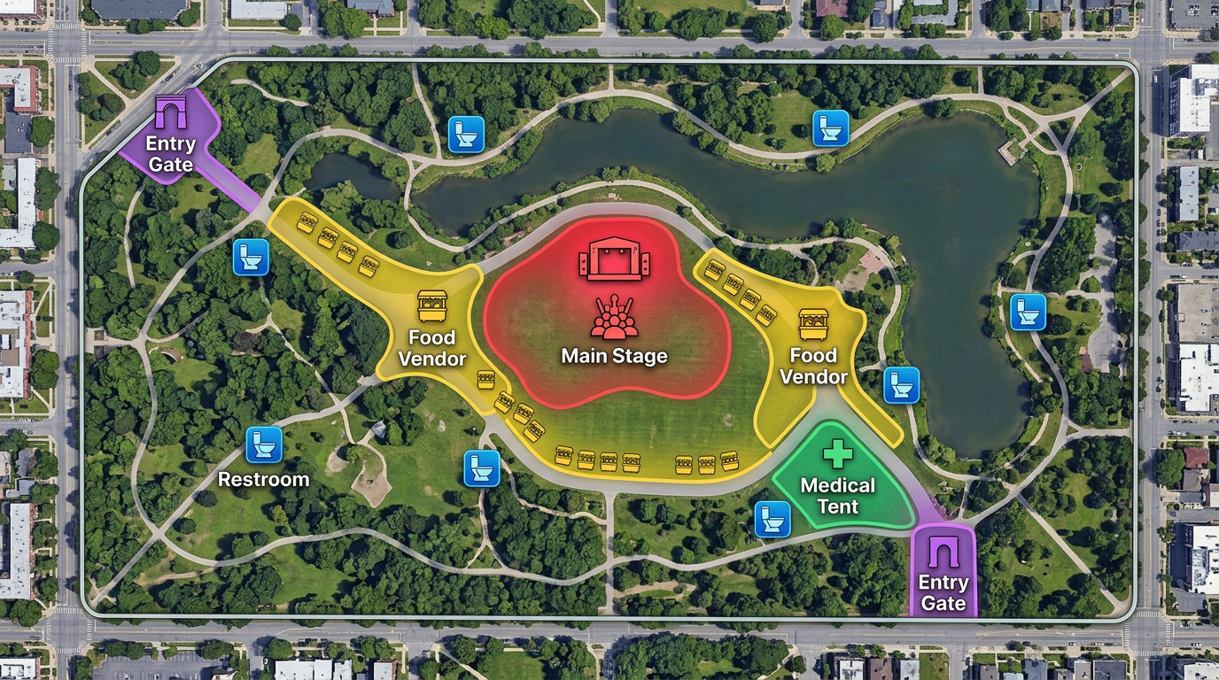 A festival site map with color-coded zones for main stage, food vendors, restrooms, medical tents, and entry gates, all overlaid on a satellite view of a park