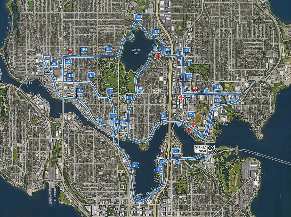 A marathon course map with the route, mile markers, water stations, and medical tent locations