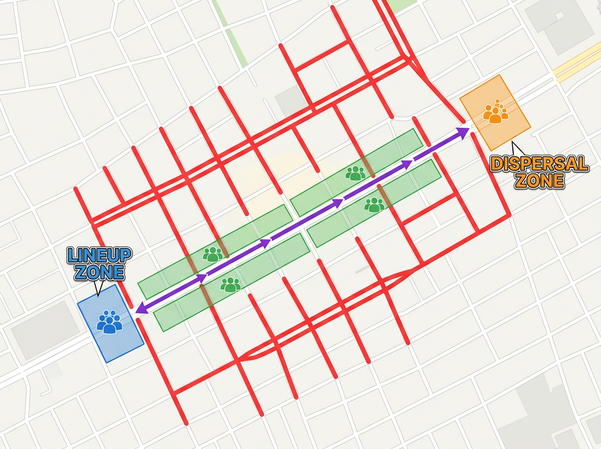 A parade route map with closed streets highlighted, viewing areas marked, and lineup and dispersal zones labeled