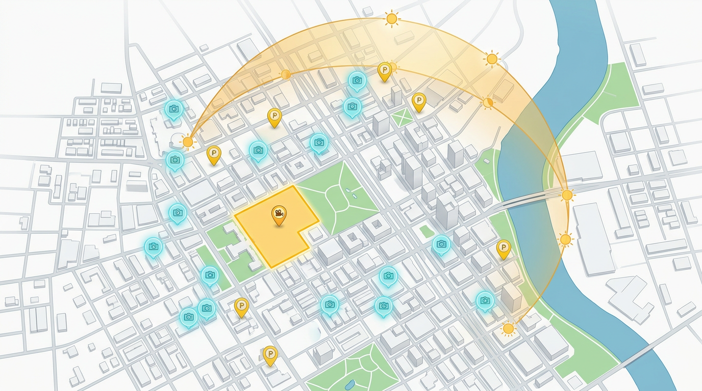 A film location scouting map with candidate spots, a base camp polygon, parking pins and a sun-angle overlay across a downtown grid