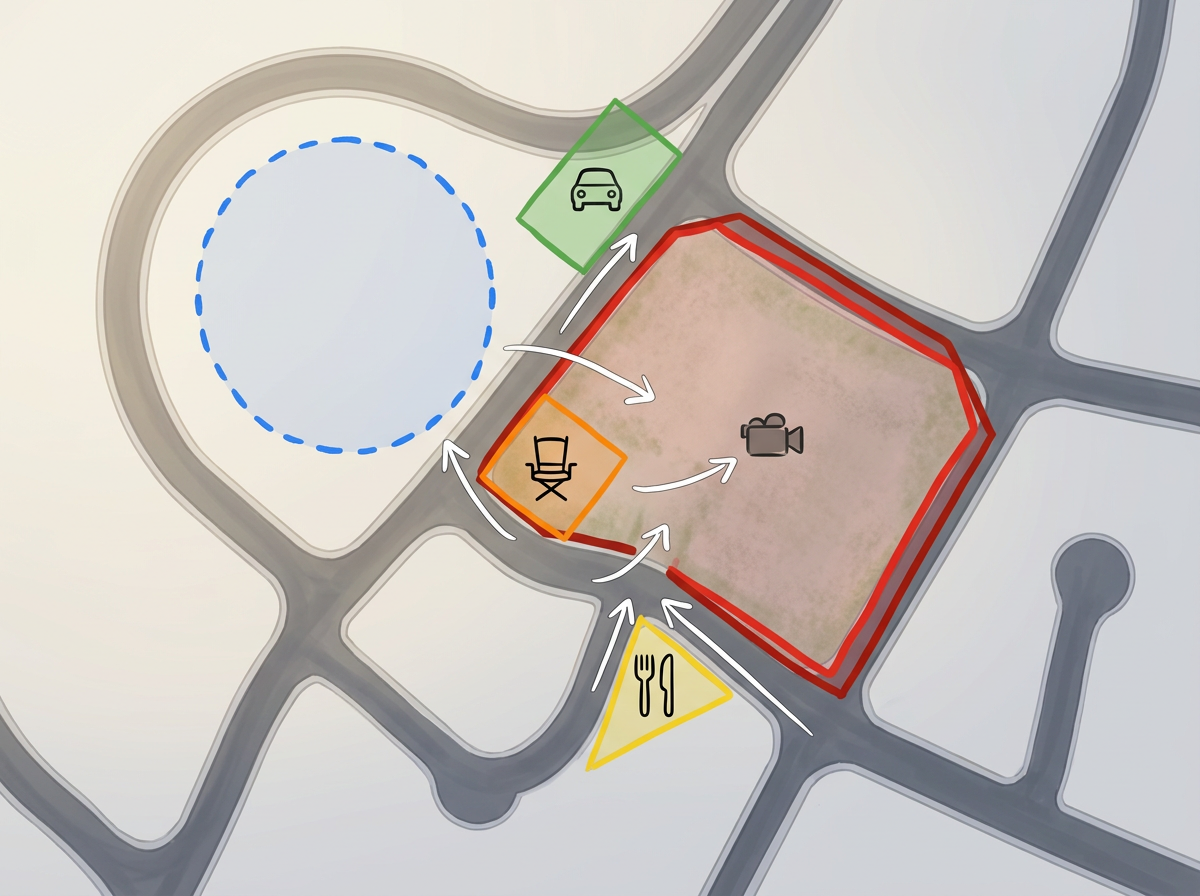 A shoot day logistics map showing base camp, crew parking, holding, catering and a closure perimeter polygon around the set