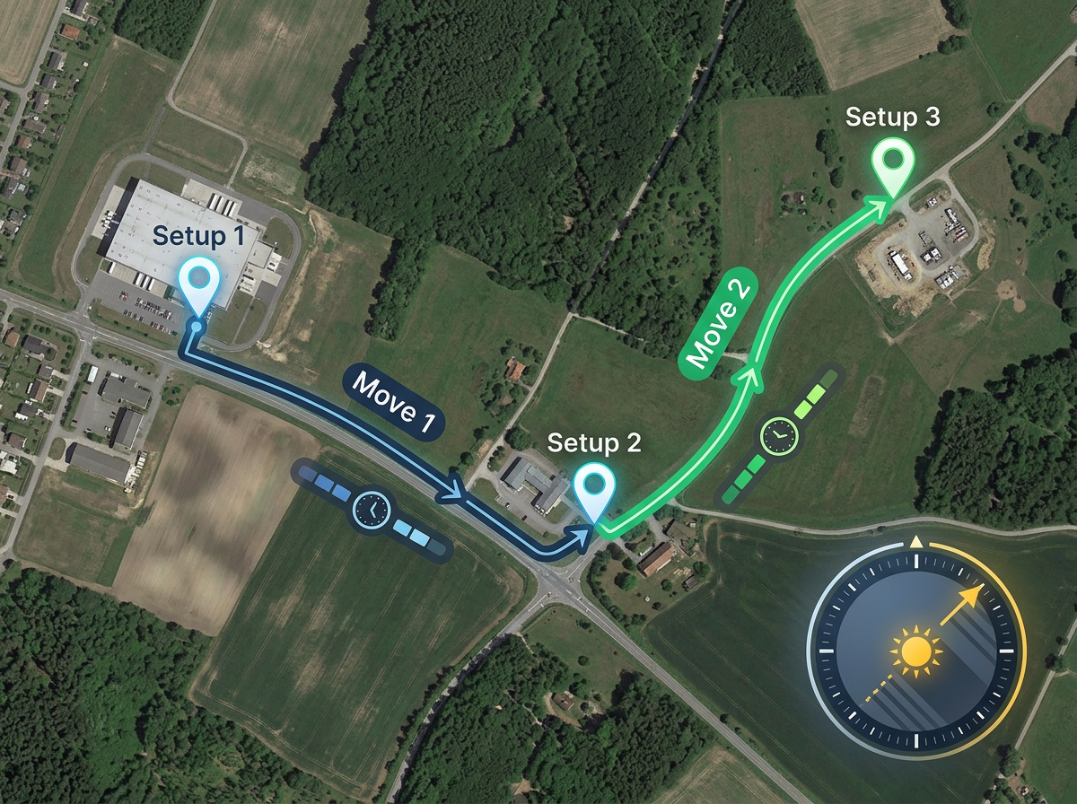 A map showing two unit moves between three setups with travel time annotations and a sun-angle indicator