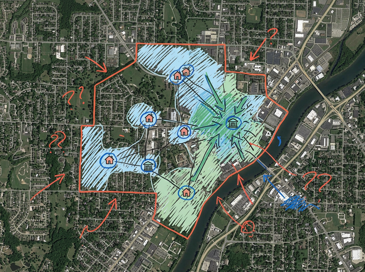 A CRA assessment area map with the polygon outlined, branches marked, and deposit concentration shown