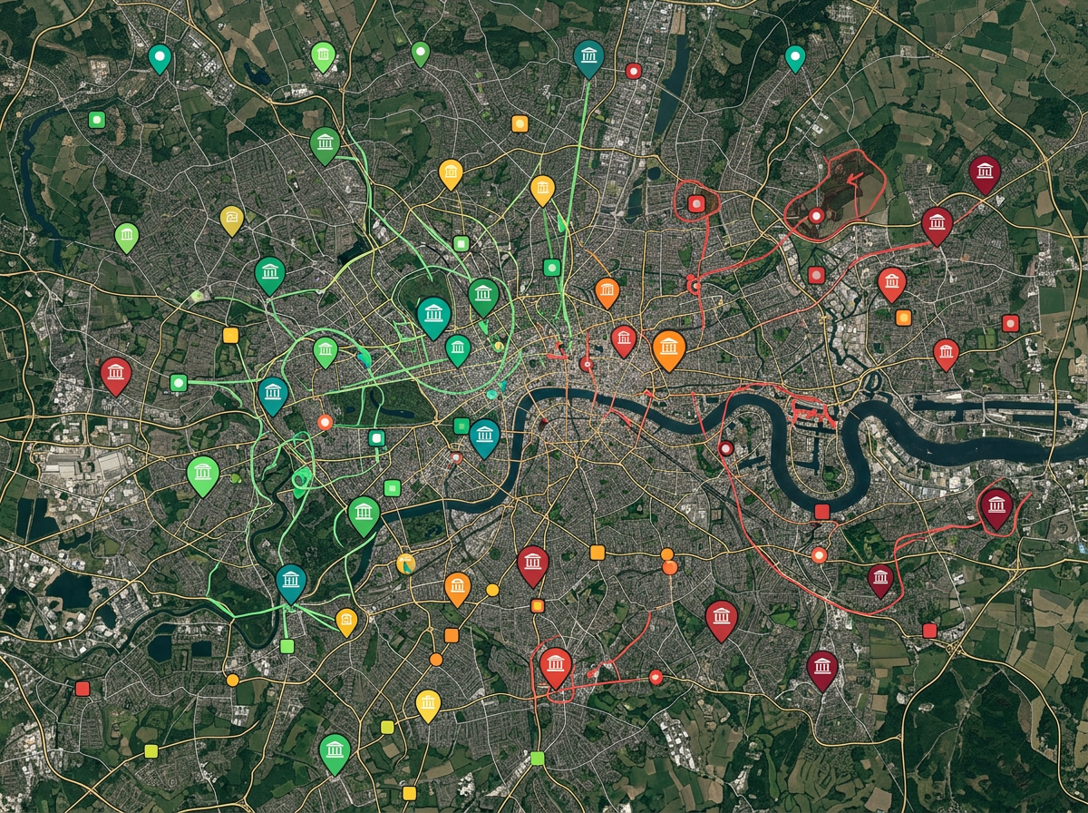 A branch network map with branch and ATM markers across a metro area, color-coded by performance