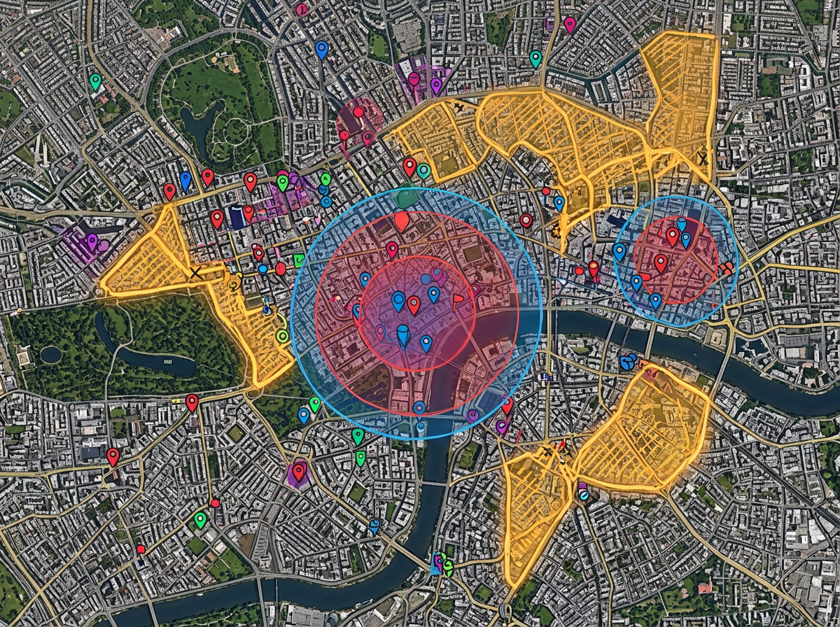 A competitor analysis map with rival branch markers, deposit-share rings, and gap zones highlighted