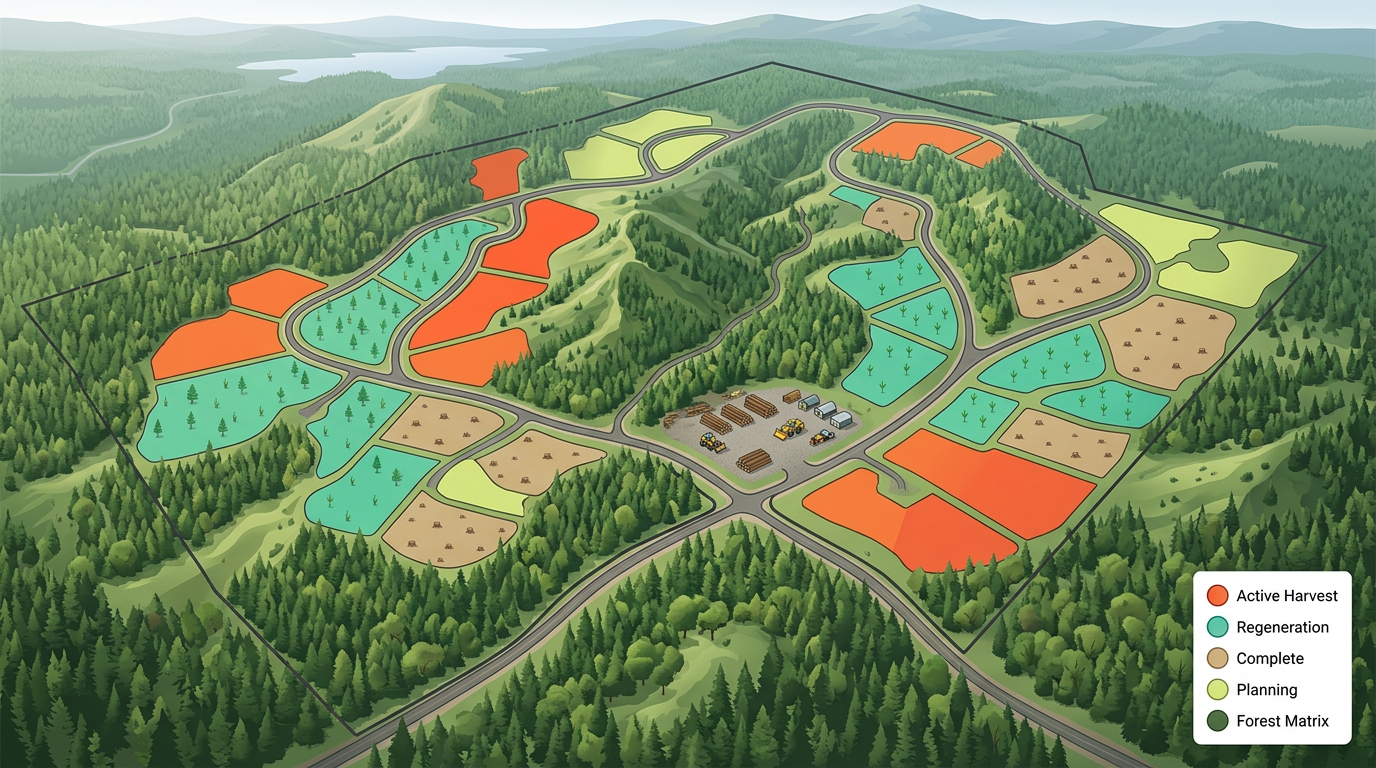 A forestry cut block map with multiple cut block polygons color-coded by phase, road network drawn through the property, and a landing site labeled