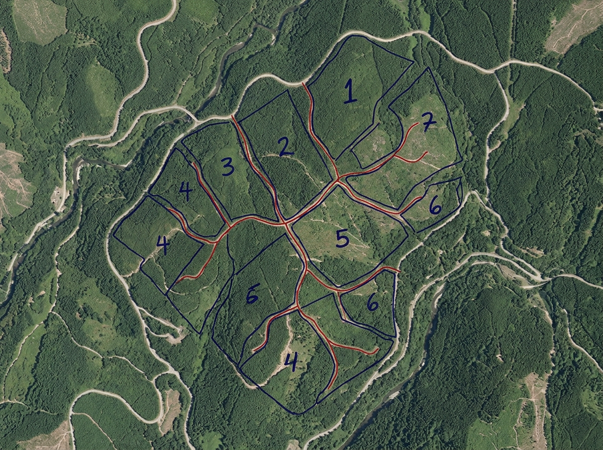 A cut block harvest plan with multiple cut blocks numbered by harvest phase and a road network drawn