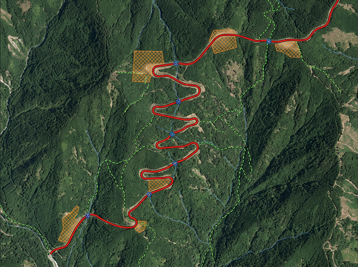 A forest road planning map with haul roads, landings, switchbacks, and culvert locations drawn