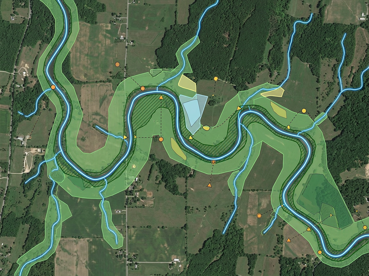 A riparian buffer exhibit with stream lines, buffer polygons, and leave strips highlighted on satellite imagery