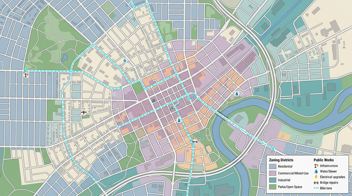 A municipal map with annotated zoning districts, public works project markers, and a proposed bike lane drawn over the existing street network