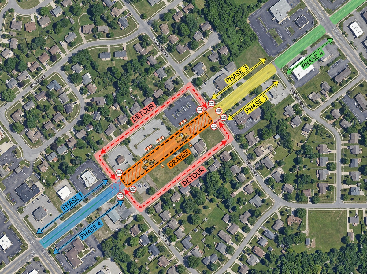 A public works map with color-coded paving project segments and road-closure markers