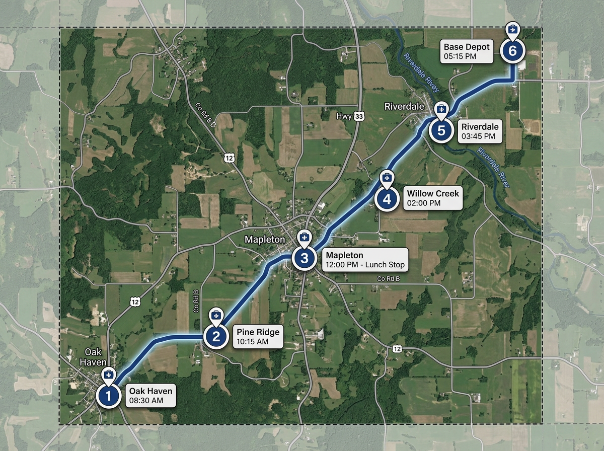 A mobile clinic route map with numbered stops, scheduled times, and a connecting drive line across a rural county