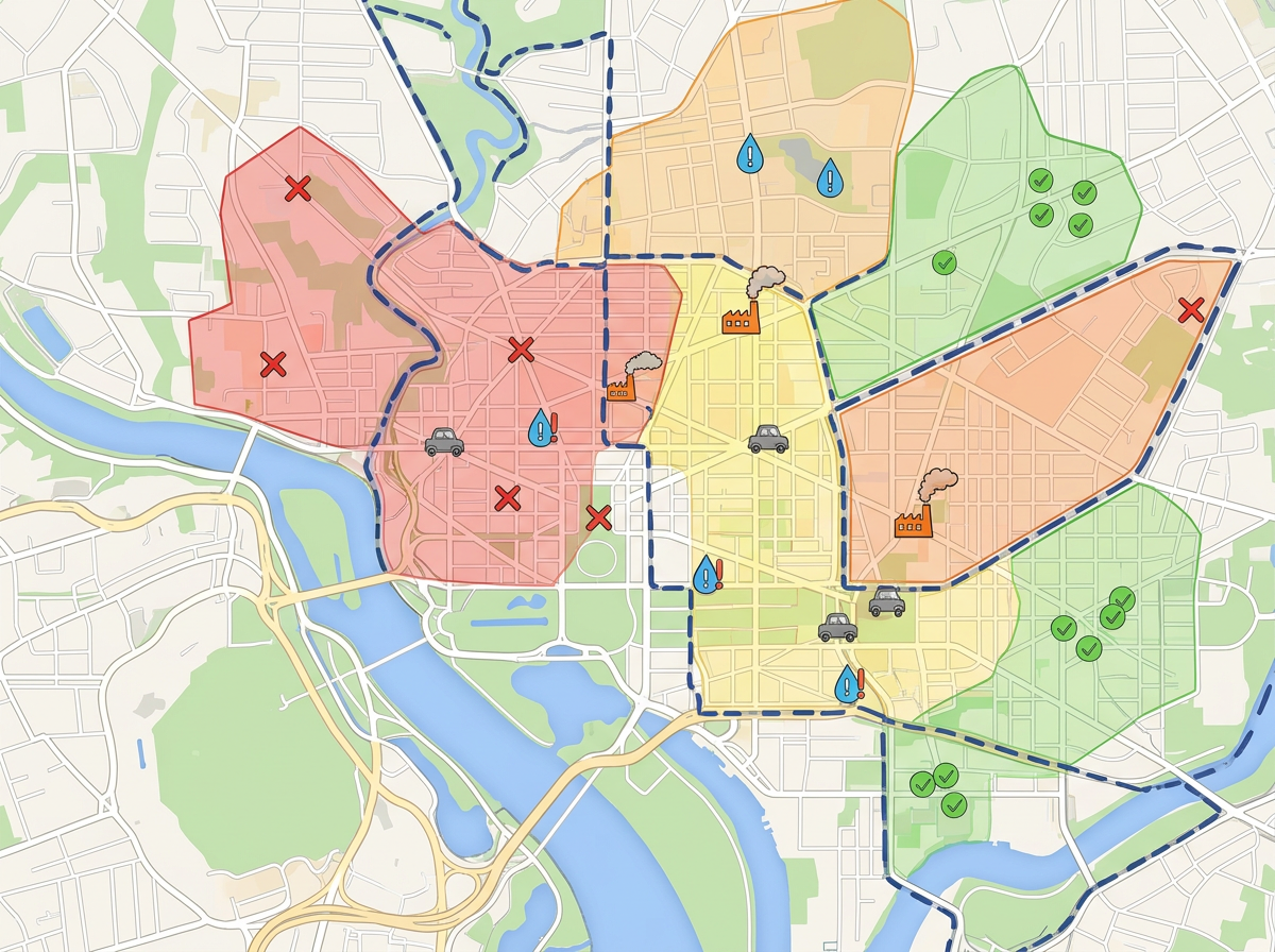 A community health survey map with color-coded survey responses, environmental hazard markers, and neighborhood boundaries