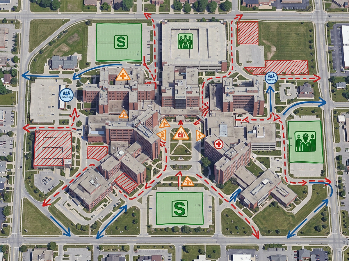 An emergency preparedness map with staging areas, triage points, and evacuation routes drawn over a hospital campus