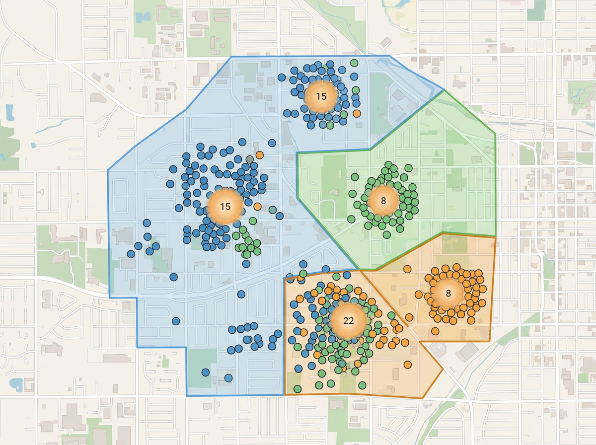 An agent book of business map with policies clustered as markers and territory boundary polygons