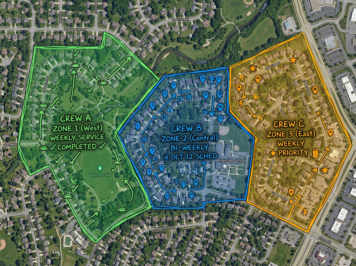 A territory map split into colored polygons for three different mowing crews