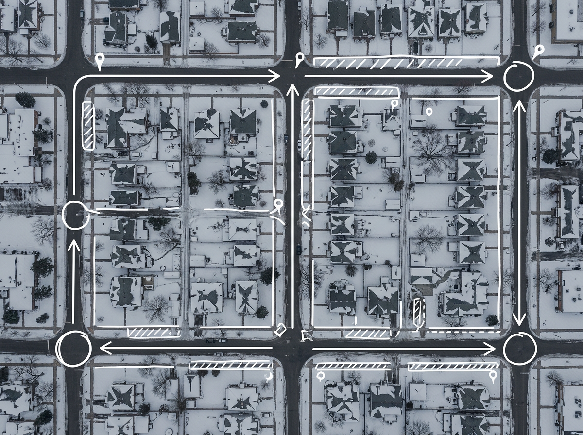 A residential block with a snow removal route overlaid in white over a gray winter base map