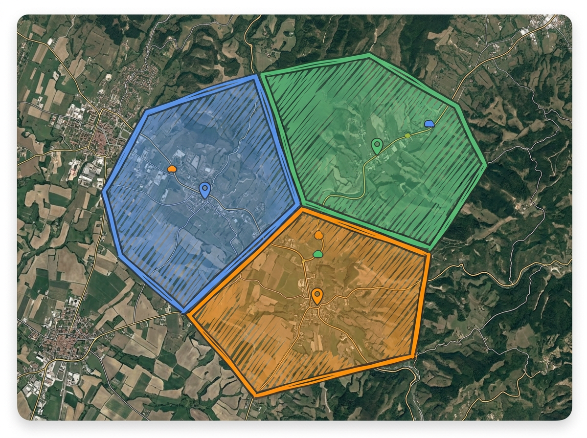 A regional map split into colored polygons for three different driver territories