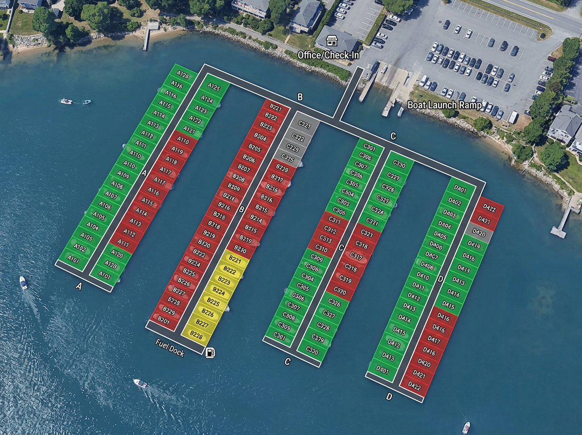 A marina dock plan with each slip numbered, color-coded by occupancy, and overlaid on satellite imagery