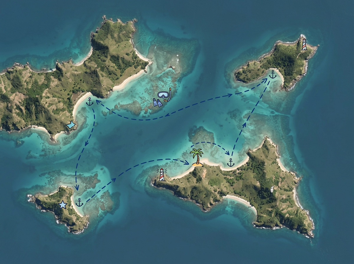 A sailing charter route map with overnight anchorages, points of interest, and a connecting course line
