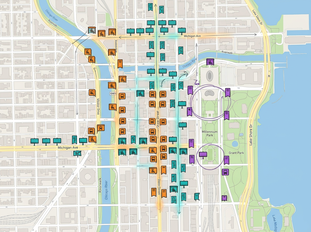 An OOH placement map with billboard, transit, and wallscape markers color-coded by creative variant