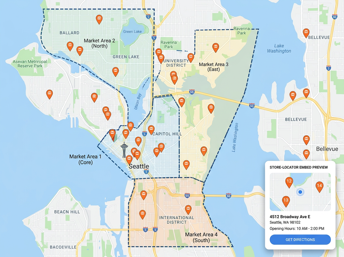 A brand market map with retail location markers, market boundaries, and a store-locator embed preview